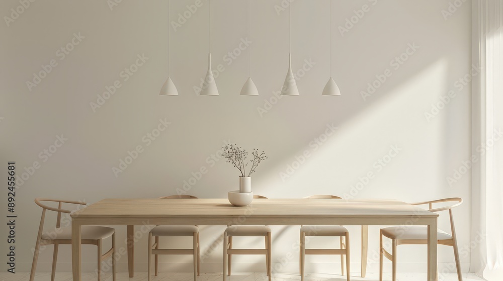 Poster a minimalist dining area with a simple wooden table, modern chairs, and minimalistic lighting, creat