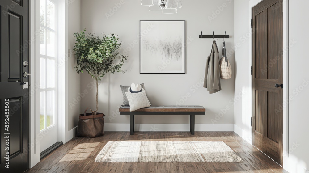 Poster a minimalist entryway with functional storage solutions, a simple bench, and neutral decor, creating