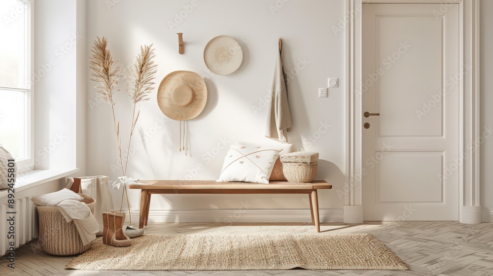 Poster a minimalist entryway with functional storage solutions, a simple bench, and neutral decor, creating