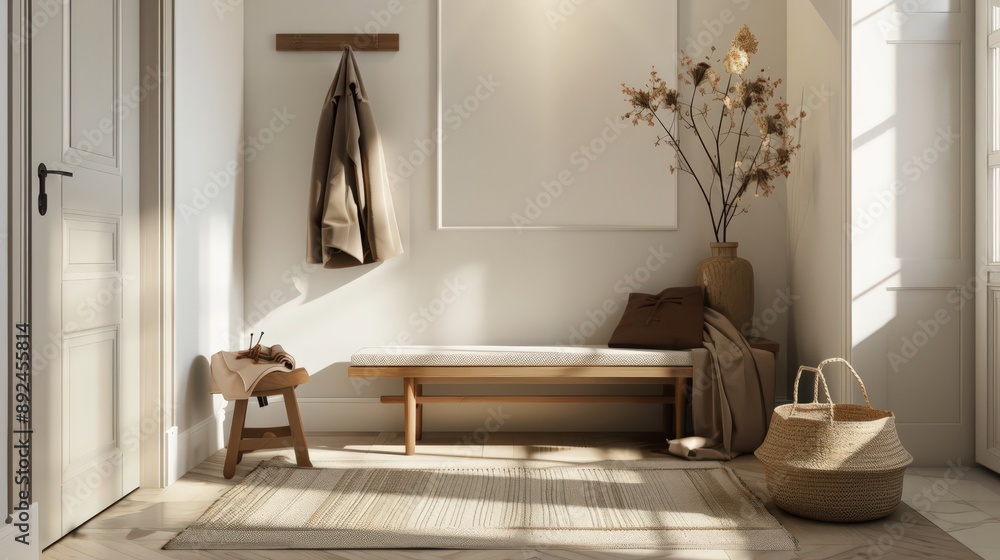 Poster a minimalist entryway with functional storage solutions, a simple bench, and neutral decor, creating