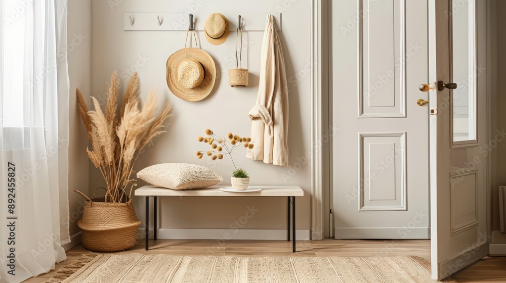 Poster a minimalist entryway with functional storage solutions, a simple bench, and neutral decor, creating