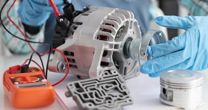 Checking car generator and diagnostic equipment with tester. Testing car parts concept