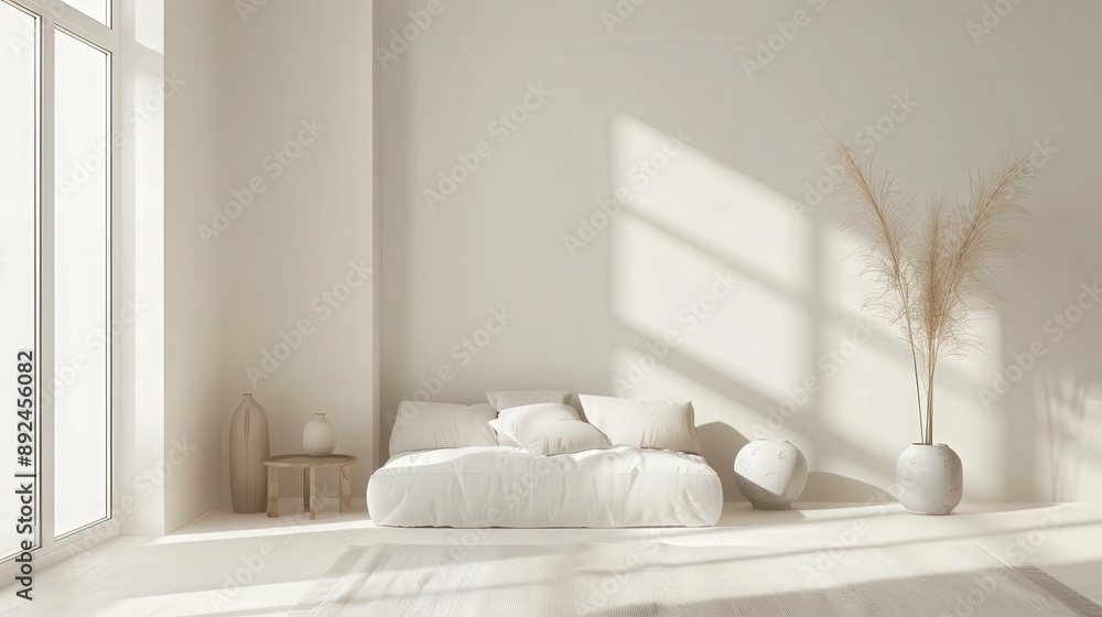 Poster a minimalist interior featuring clean lines and neutral colors, creating a serene and uncluttered li