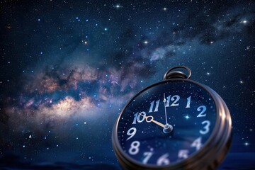 Vintage pocket watch against a starry night sky with the Milky Way. Time and space concept with cosmic background.