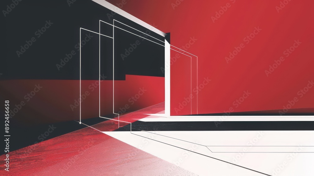 Poster a minimalist schematic design background with clean white lines against a contrasting red and black 