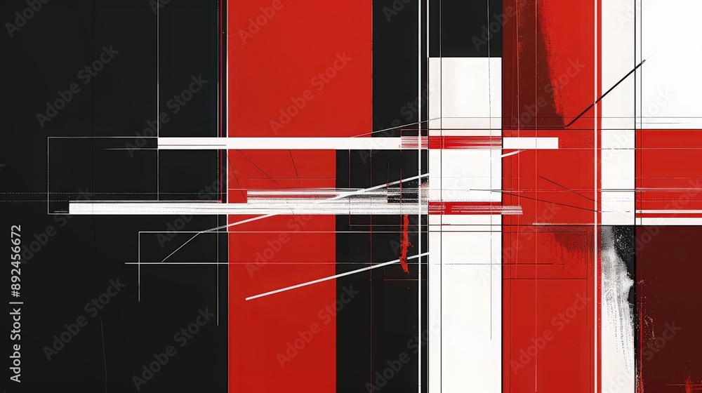 Poster a minimalist schematic design background with white lines against a contrasting red and black color 