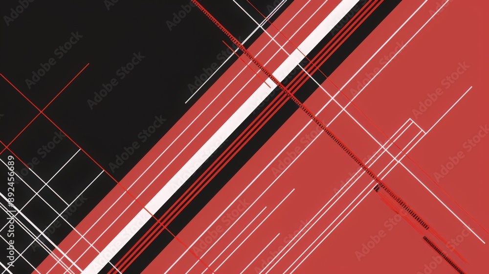 Poster a minimalist schematic design background with white lines against a contrasting red and black color 