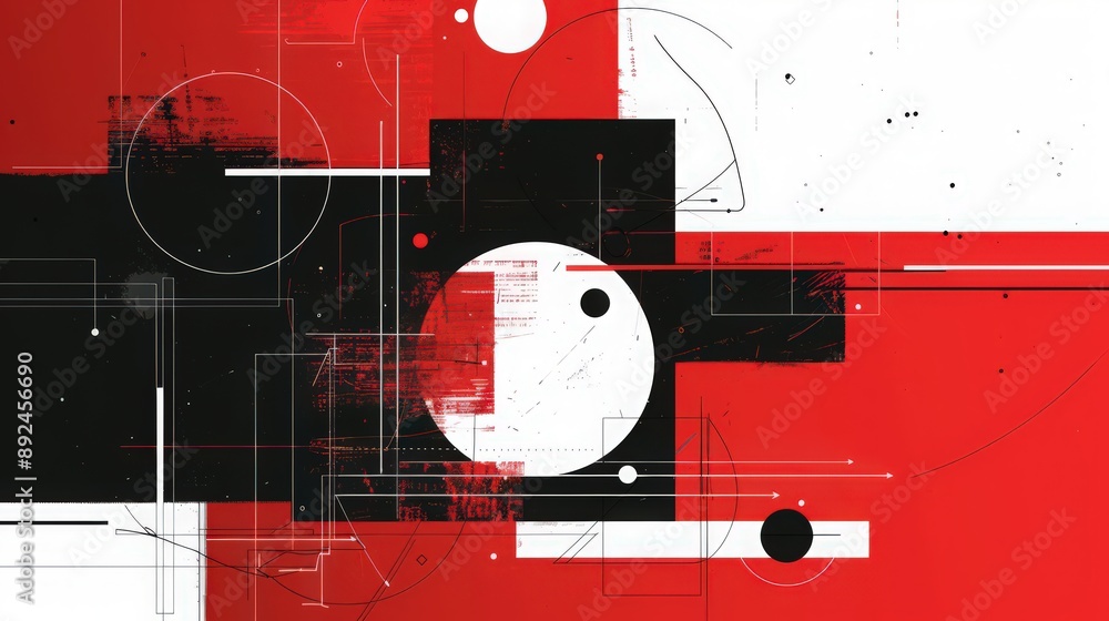 Poster a minimalist schematic design background with white lines and shapes set against a contrasting red a