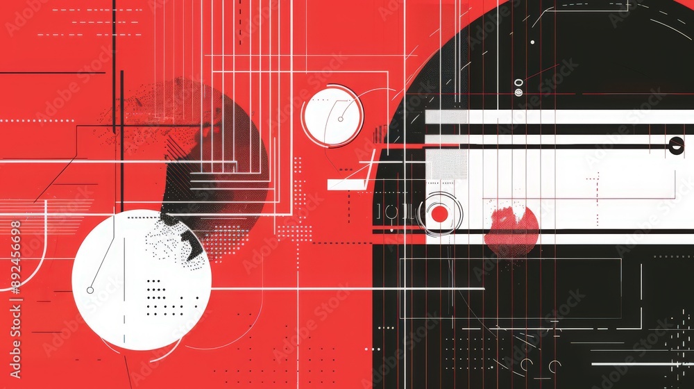 Poster a minimalist schematic design background with white lines and shapes set against a contrasting red a