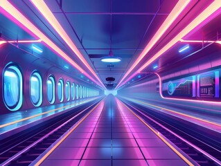 Fototapeta premium Sleek Futuristic Train Station with Neon Lighting and Futuristic Design