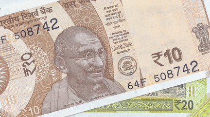Indian currency notes 10 and 20 rupees closeup