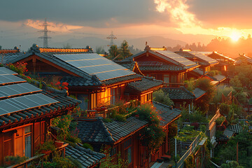 Fototapeta premium Solar panels on rooftops harnessing renewable energy to reduce carbon emissions and promote sustainable living in urban areas