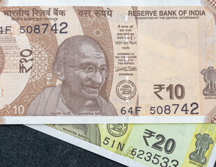 India ten and twenty rupees currency notes closeup