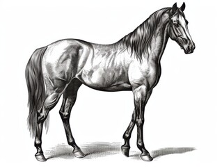 Black and white Vintage engraved art of a horse isolated on white background, ink sketch illustration, simple vector art design, highly detailed line art, high contrast 