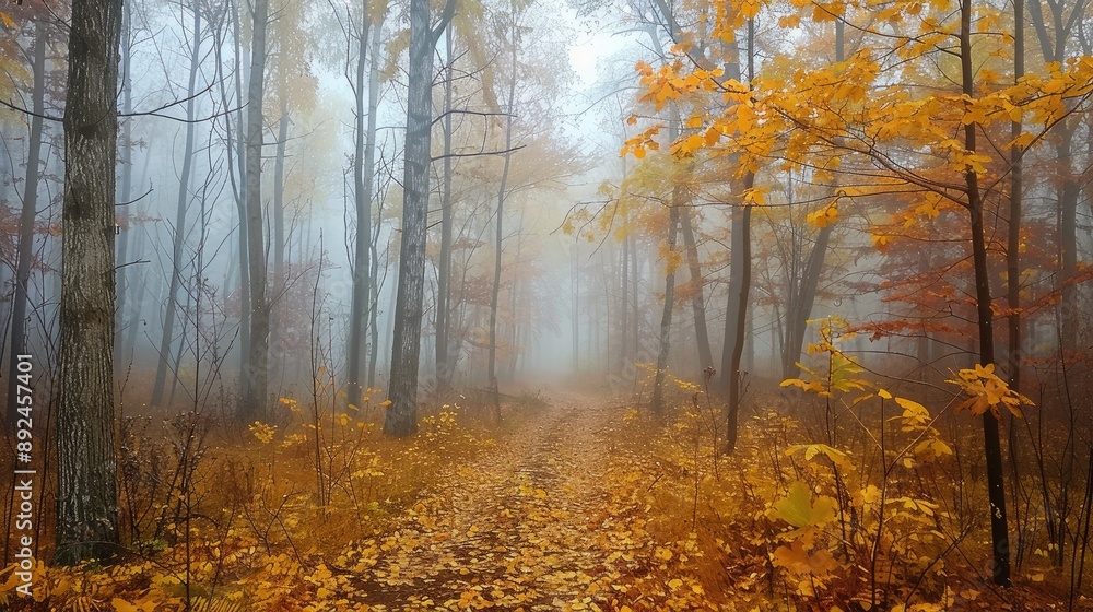 Canvas Prints a forest with trees covered in yellow leaves. the leaves are falling and the sky is cloudy