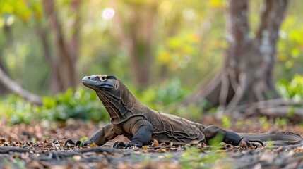 Fototapeta premium A large Komodo Dragon laying with a watchful status on the ground in a forest