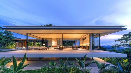 Fototapeta premium Modern luxury home with a flat, overhanging roof and floor-to-ceiling windows, surrounded by a serene landscape Space for text