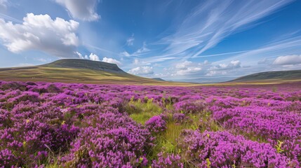 Naklejka premium A moorland awash with heather in bloom, its purple flowers stretching as far as the eye can see under a vast springtime sky.