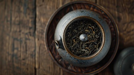 A top-down view of a Shiboridashi teapot, with the lid slightly ajar, showing tea leaves inside.