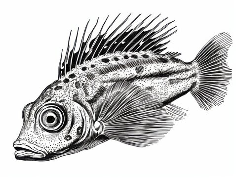 recommend clip art: Black and white Vintage engraved art of a blenny isolated on white background, ink sketch illustration, simple vector art design, highly detailed line art, high contrasty. 
