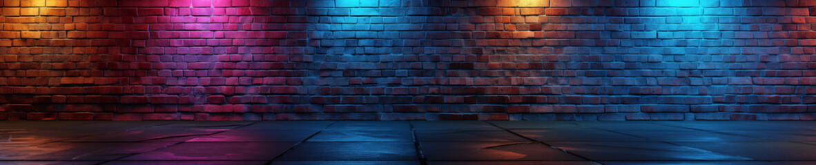 Grunge brick wall with vibrant neon lights