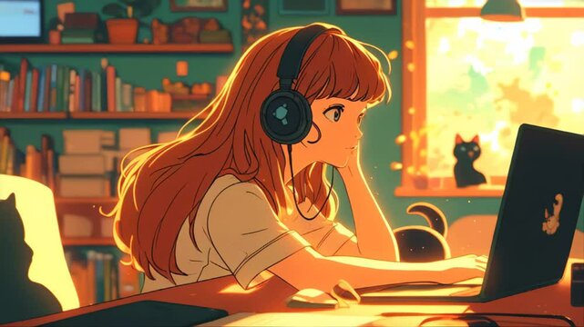 Dreaming cute anime girl in romantic summer evening