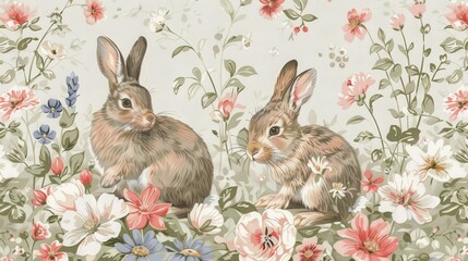 A pattern of playful bunnies hopping among spring flowers, adding a whimsical and charming touch.