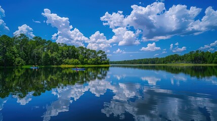 A peaceful lake reflecting the deep blue sky and fluffy white clouds, with kayaks and paddleboards gliding over the calm waters on a tranquil summer morning.