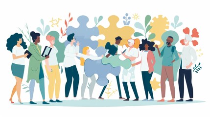 People holding pieces of jigsaw puzzle Vector illustration. Generative AI