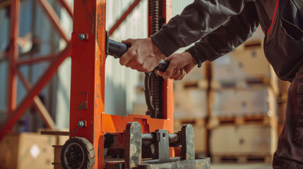 The worker uses the manual pallet jack to lift and move the heavy load.