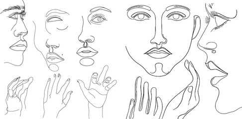 One line drawing of the five human senses. Smell, taste, look, hear.