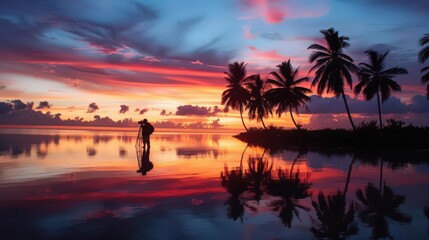 Obraz premium A photographer captures silhouettes of palm trees against a backdrop of a fiery summer sunset, the colors reflecting off calm waters.