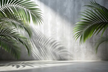 shadow from tropical palm leaves on the wall. Minimal abstract background for product. cement silhouette shadow reflection on grey concrete wall background, Empty White Studio Room with abstract light