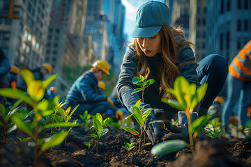 Volunteers planting trees in urban areas to combat climate change and enhance green spaces