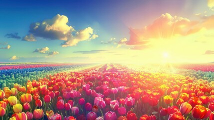 A radiant flower background, depicting fields of sunlit tulips in a rainbow of colors, stretching towards the horizon under a vast blue sky.