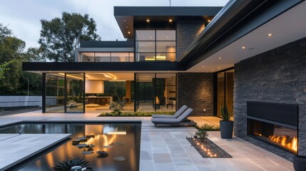 Modern luxury suburban home with clean architectural lines, featuring a minimalist pond and an outdoor fireplace Include space for text