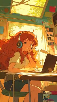 Dreaming cute anime girl in romantic summer evening