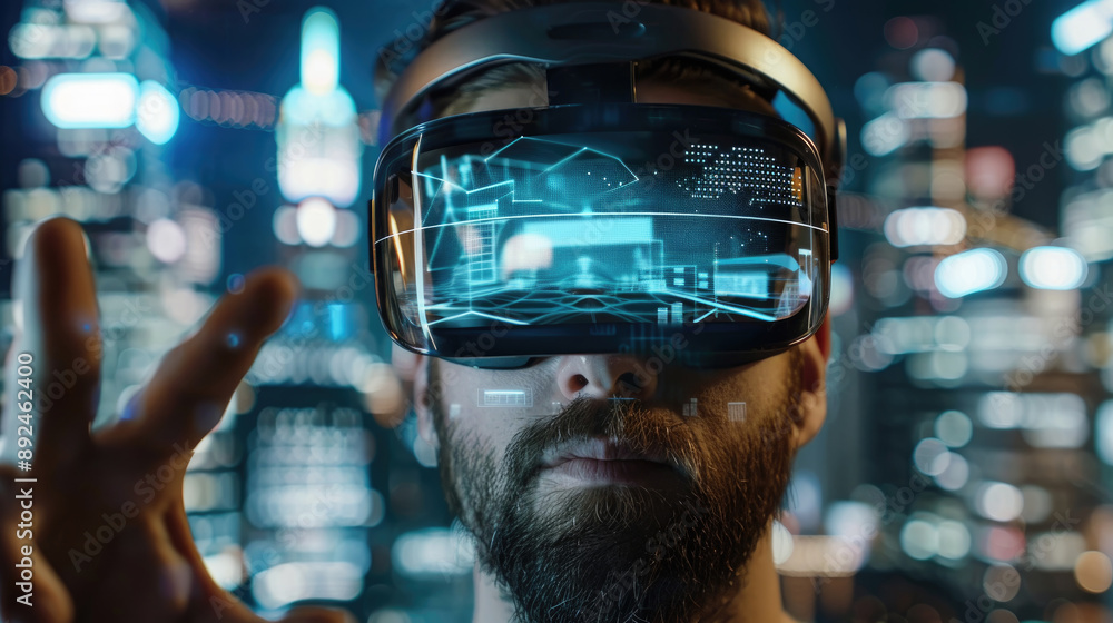 Poster a bearded man wears a virtual reality headset and interacts with a digital interface in front of cit