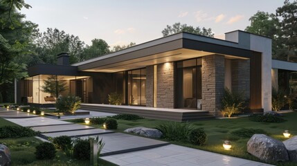 Fototapeta premium Modern luxury suburban home with minimalistic facade, featuring natural stone accents and ambient path lighting Space for text