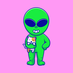 Cute Alien Standing And Holding A Cat Cartoon Vector Icon Illustration. Science Animal. Flat Cartoon Concept.