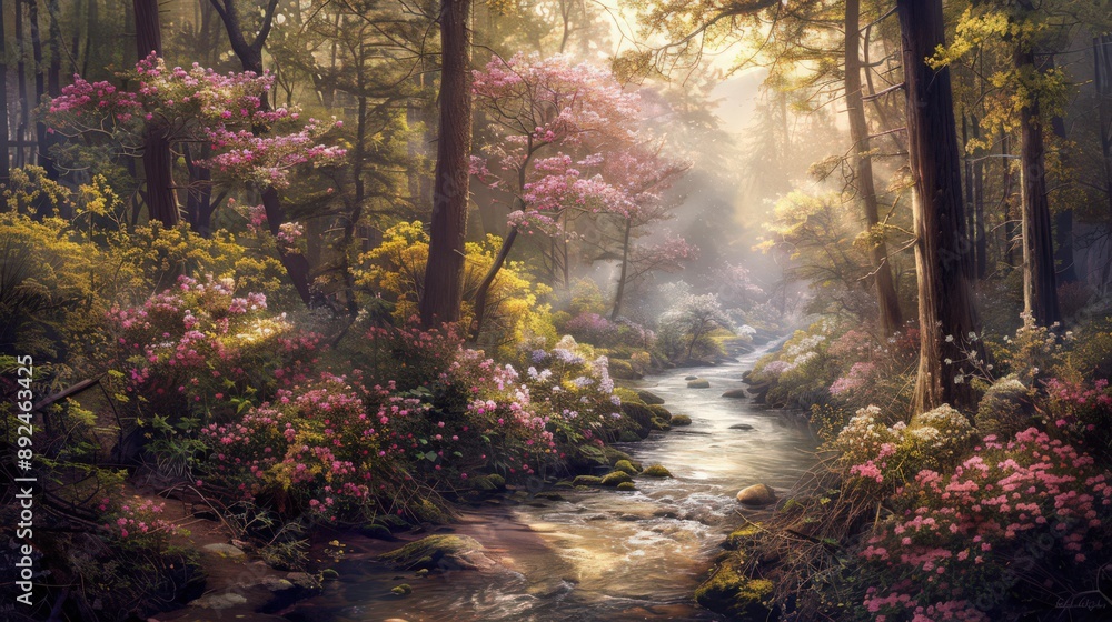 Poster a riverside path winding through a forest alive with the fragrant blooms of rhododendrons and the sw