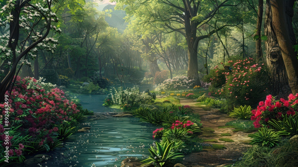 Aufkleber a riverside path winding through a forest alive with the fragrant blooms of rhododendrons and the sw