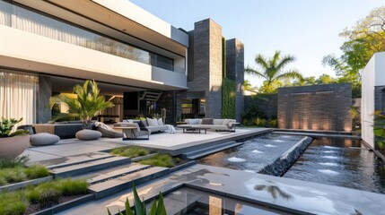 Obraz premium Modern luxury suburban home with a sleek facade, featuring an outdoor lounge area and minimalist water features Include copy space for text