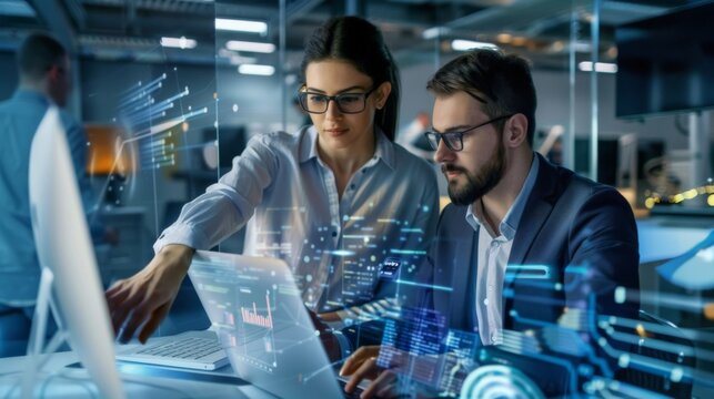 A futuristic machine engine development engineer meticulously works on his computer at his desk, discussing with a female project manager