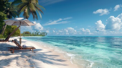 A serene tropical beach scene with a palm tree, a white umbrella, and a chaise lounge amidst clear turquoise waters and white sandy shore under a bright blue sky.