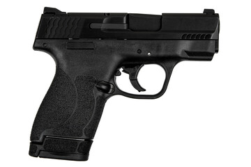 Modern semi-automatic pistol isolate on a white background. Armament for the army and police. Short-barreled weapon