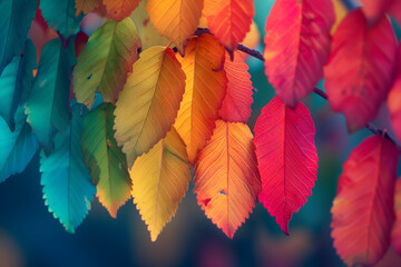 Obraz premium Banner with brightly colored leaves and branches on a blurred background. Concept design for wallpaper, background, and autumn cards with copyspace