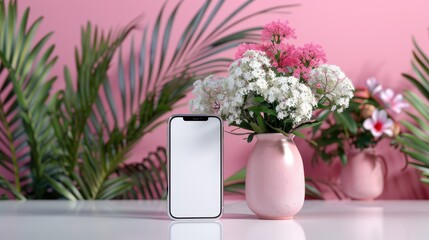 A modern smartphone is placed next to a floral vase with pink flowers, set against a pastel pink background. This image blends technology and natural beauty harmoniously.