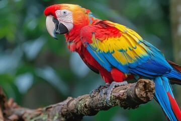 Majestic Macaw on Lush Tropical Branch with Vibrant Feathers and Detailed plumage in a Rainforest Setting