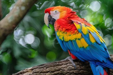 Fototapeta premium Vibrant Macaw Perched on Lush Tropical Tree Branch with Detailed Feathers in Bright Colors